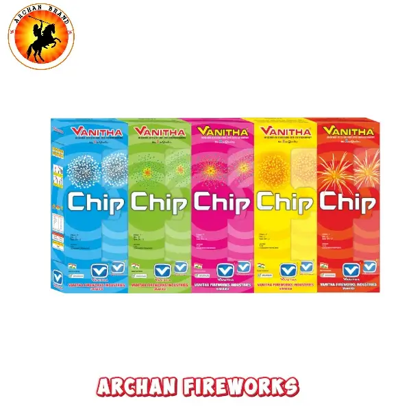 Chip Mix premium sky shot by Vanitha Fireworks bursting with multi-color effects in the night sky.