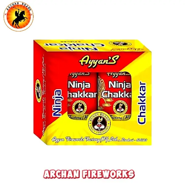 Ayyan Fireworks Ninja Chakkar shooting five green jumping wheels in the air.