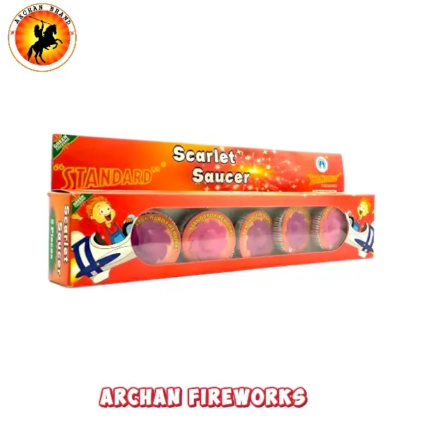 Standard Fireworks Scarlet Saucer red chakkar wheel spinner emitting golden sparks.
